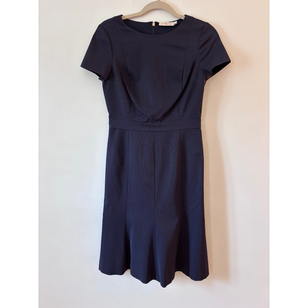 Tory‎ Burch Navy Blue Short Sleeve Fit and Flare Sheath Dress Size 4 Gold Zipper